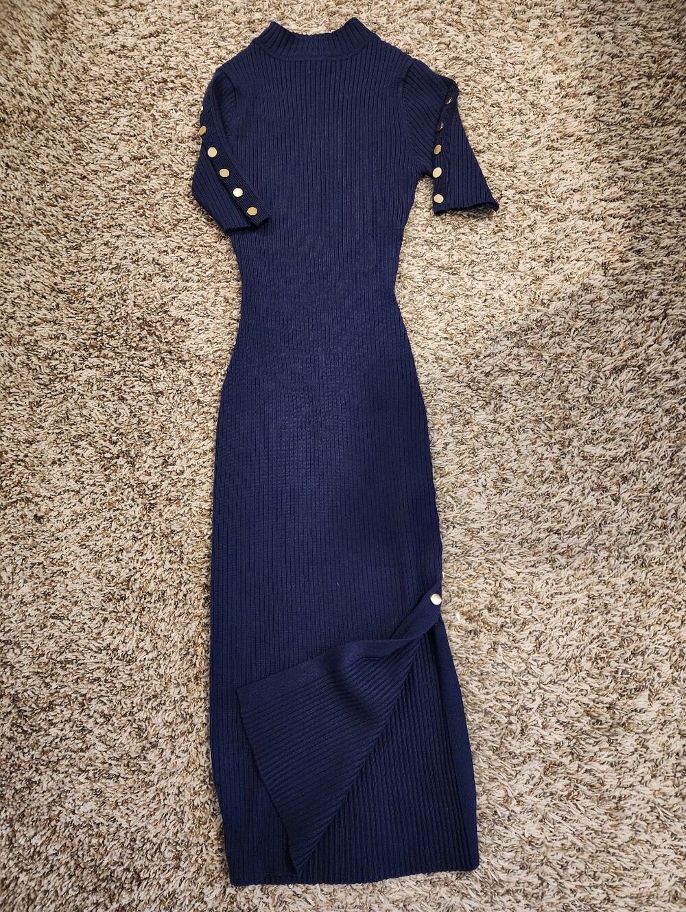Say What? Navy Ribbed Maxi Dress with Gold Buttons